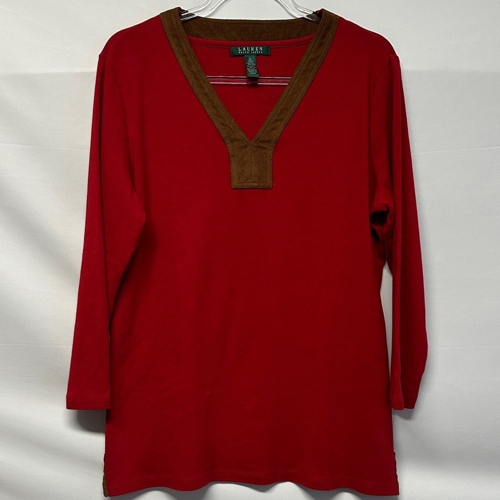 Lauren Ralph Lauren Red Faux Suede Trim V-Neck Top Blouse Size XL